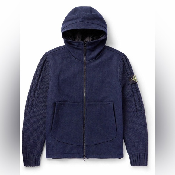 New Stone Island Logo Appliqued Wool Blend Hooded Jacket Blue Knit Sleeve Sz M - Picture 1 of 16